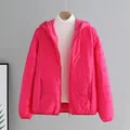 Vibrant fuchsia women's lightweight hooded puffer jacket for autumn and winter seasons - Rose Red