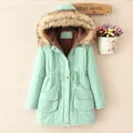 Detailed view of the mint green mid-length winter parka with faux fur collar. - S / Tops / Bean Green