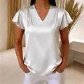 Elegant pearly white satin V-neck blouse featuring loose fit and pleated ruffled sleeves - S / Tops / White
