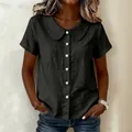 Women's casual black cotton linen blouse with Peter Pan collar and contrast white buttons - S / Tops / Black