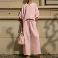 Elegant pink cotton linen two-piece set with lantern sleeve blouse and drawstring pants - S / Top And Bottom / Pink