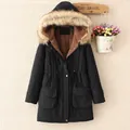 Full view of women's mid-length parka featuring a large faux fur collar and fleece lining. - S / Tops / Black