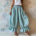 Loose light blue cotton-linen lantern pants with ruffled hem details for summer fashion - S / Bottoms / Light Green