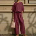 Elegant burgundy cotton linen lantern sleeve shirt and wide-leg drawstring pants set - Burgundy