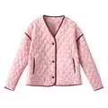 Women's pink quilted cotton jacket featuring a detailed white paisley floral print - S / Tops / Pink