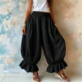 Elegant black cotton linen loose harem pants with stylish ruffle hem for women - S / Bottoms / Black