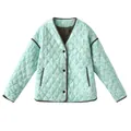 Front view of women's mint green V-neck quilted jacket with white floral paisley print - S / Tops / Green