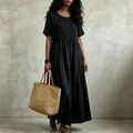 Full view of pleated details on a black cotton linen relaxed fit maxi summer dress - S / Dresses / Black