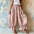 Bohemian loose cotton-linen harem pants with feminine ruffle hem in dusty pink - S / Bottoms / Pink