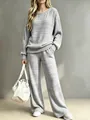 Close-up of stylish gray ribbed knit lounge set with wide-leg pants and long-sleeve top - Light Gray