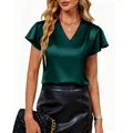 Elegant dark green satin V-neck blouse with pleated flutter sleeves for summer - S / Tops / Teal