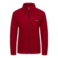Vista detallada de una chaqueta de forro polar roja de manga larga con cuello alto para mujer. - Burdeos