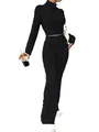 Elegante completo 2 pezzi in maglia a coste nera con dolcevita e pantaloni a vita alta - Taglia S / Top E Pantaloni / Nero