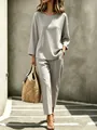 Elegant grey minimalist two-piece set featuring long sleeve top and tailored trousers - S / Top And Bottom / Gray