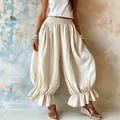 Bohemian loose beige cotton linen lantern pants featuring high waist and stylish ruffle hem - S / Bottoms / Apricot