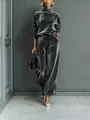 Fashionable grey velvet two-piece set featuring high-neck top and wide-leg trousers - S / Top And Bottom / Dark Gray