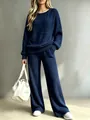 Detailed view of women's navy blue ribbed knit lounge set featuring sweater and pants - S / Top And Bottom / Navy Blue