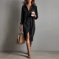 Elegant black corduroy long sleeve shirt dress with lapel collar and button-down front - S / Dresses / Black