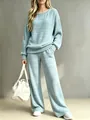 Close-up of light blue ribbed knit texture on stylish two-piece loungewear set - S / Top And Bottom / Light Blue