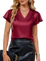 Elegant wine red V-neck satin blouse featuring stylish pleated flutter sleeves for women - S / Tops / Burgundy