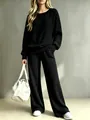 Detailed texture of black ribbed knit lounge set with wide leg pants for women - S / Top And Bottom / Black
