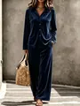 Navyblaues Samt-Lounge-Set für Damen, 2-teilig mit Hemd und Hose mit weitem Bein - Dunkelblau