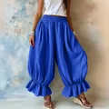 Loose royal blue cotton linen harem pants with stylish ruffle hem for summer - Sapphire Blue