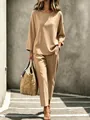Elegant two-piece beige loungewear set for women featuring long sleeves and trousers - S / Top And Bottom / Brown