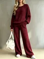 Chic burgundy knit lounge set with ribbed texture and wide-leg pants for active women - S / Top And Bottom / Burgundy