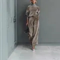 Chic taupe velvet lounge set with high neck top and wide leg pants for winter - S / Top And Bottom / Tan