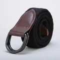 Close-up of heavy-duty canvas belt featuring a double D-ring buckle and brown leather end. - 105cm / Black