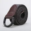 Close-up of a durable grey canvas belt with brown leather trim and double D-ring buckle. - 105cm / Dark Gray
