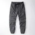 Men's Japanese style grey cargo pants with multi-pockets and adjustable belt - Dark Gray