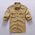 Classic men's khaki cotton workwear shirt featuring double chest pockets and lapel collar - Khaki
