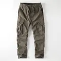 Men's vintage multi-pocket cargo pants with drawstring waist in olive green color - S / Dark Army Green