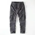 Men's retro charcoal grey cargo pants with multiple pockets and drawstring waist - S / Dark Gray