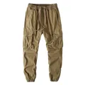 Men's vintage loose cargo pants with drawstring waist and elastic cuffs in khaki - S / Bottom (328) / Dark Khaki