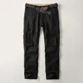 Classic black men's heavy cotton cargo pants with multiple pockets and belt accessory - 38 / Bottoms / 189-Black