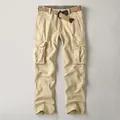 Khaki men's retro pure cotton cargo pants featuring multiple pockets and a woven belt - 38 / Bottoms / 189-Light Apricot