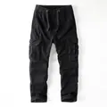 American style vintage black cargo pants featuring multiple pockets and drawstring elastic waist - S / Black