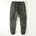 Men's American retro cargo jogger pants in dark grey with elastic waist. - S / Bottom (328) / Army Green