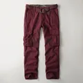 Men's burgundy vintage cotton cargo pants with multiple pockets and matching web belt - 38 / Bottoms / 189-Jujube Red