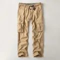 Premium men's vintage khaki cargo pants featuring multi-pockets and a woven belt detail - 38 / Bottoms / 189-Dark Khaki