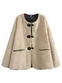 Stylish beige faux rabbit fur coat for women featuring black leather trim and toggles - S / Tops / Khaki