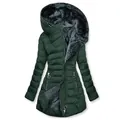Dark green women's mid-length quilted winter puffer coat with a grey fur-lined hood - S / Tops / Dark Green