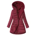 Women's warm mid-length hooded puffer coat with plush fleece lining in deep red colorway - S / Tops / Burgundy