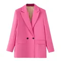 Fashionable bright pink women's double-breasted blazer jacket with notched lapels - Deep Pink
