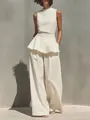 Elegante set in cotone e lino bianco con top smanicato e pantaloni a gamba larga - Taglia S / Top e Pantaloni / Albicocca