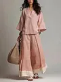 Detalle del conjunto de camisa de lino rosa con cuello en V y pantalón ancho - S / Top Y Pantalón / Rosa