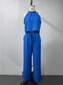 Blue sleeveless halter crop top and wide-leg trousers casual two-piece summer set - 2XL / Top And Bottom / Sapphire Blue